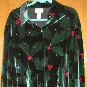 Quacker Factory Fancy Black Velvet Holly Berry Holiday Blouse Button Down 1X